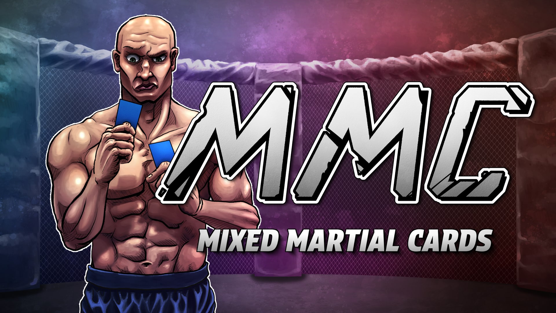 Mixed Martial Cards key art: a fighter studying his cards in front of the cage