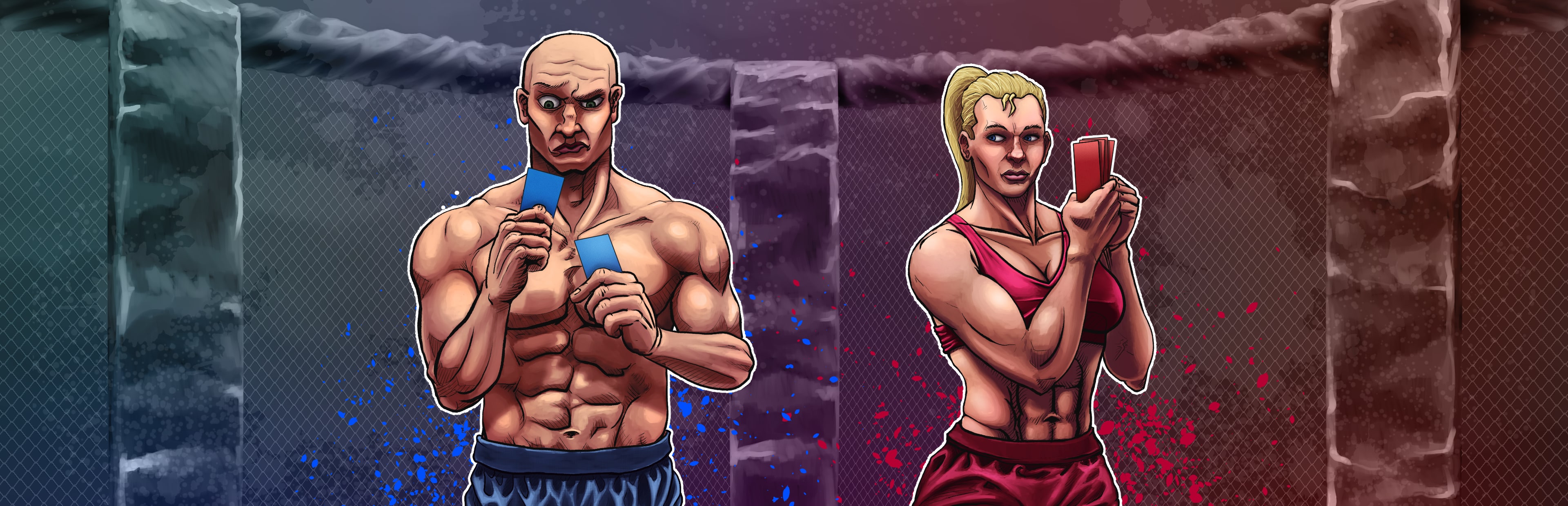 Mixed Martial Cards key art: a bald fighter and a blonde fighter each studying their playing cards inside an MMA cage
