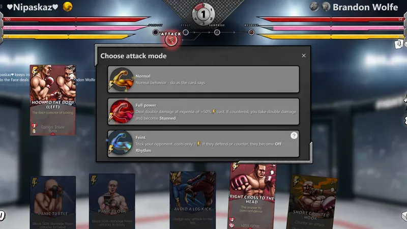 Mixed Martial Cards screenshot: Choosing an attack mode: Normal, Full power or Feint