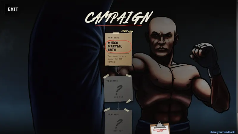 Mixed Martial Cards screenshot: Career campaign menu with training notes pinned to the gym board