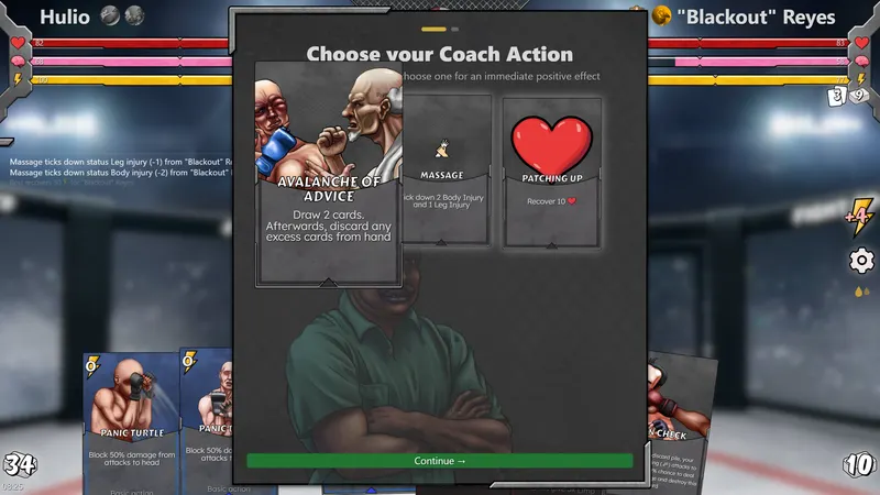 Mixed Martial Cards screenshot: Choosing a coach action between rounds