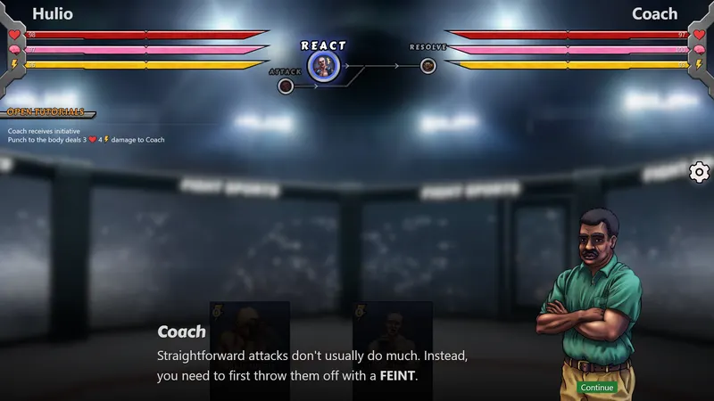 Mixed Martial Cards screenshot: Coach explaining that straightforward attacks need to be set up with a feint
