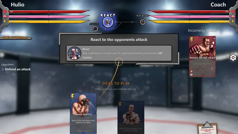 Mixed Martial Cards screenshot: Coach tutorial teaching how to react to an incoming attack