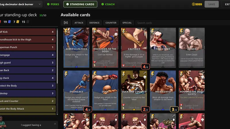 Mixed Martial Cards screenshot: Deck builder showing the card collection and the standing-up deck list