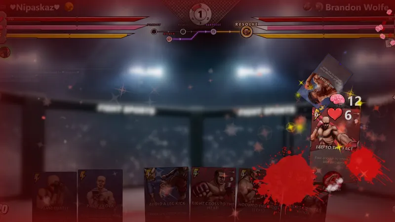 Mixed Martial Cards screenshot: A heavy punch lands and the damage numbers pop out of the resolving card