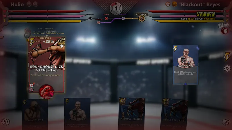 Mixed Martial Cards screenshot: A full-power roundhouse kick to the head resolving with damage bonuses