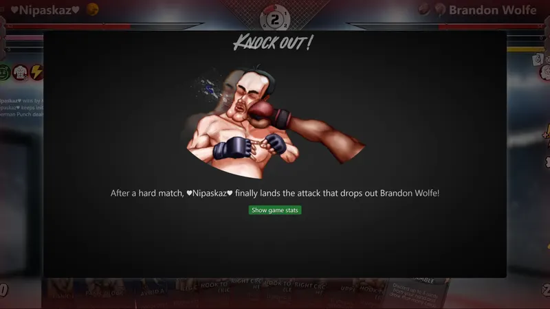 Mixed Martial Cards screenshot: The knockout screen after a hard-fought match