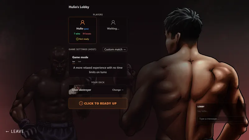 Mixed Martial Cards screenshot: Online PvP lobby with game mode and deck selection