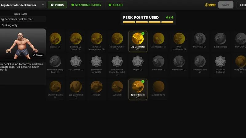 Mixed Martial Cards screenshot: Perk selection screen in the deck editor
