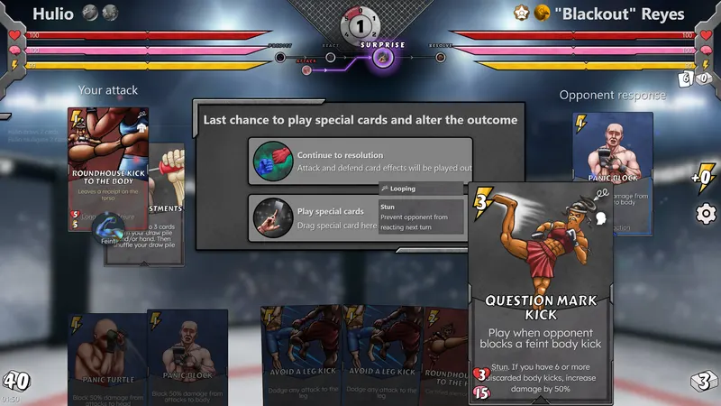 Mixed Martial Cards screenshot: The last-chance window to play special cards and alter the outcome of an exchange